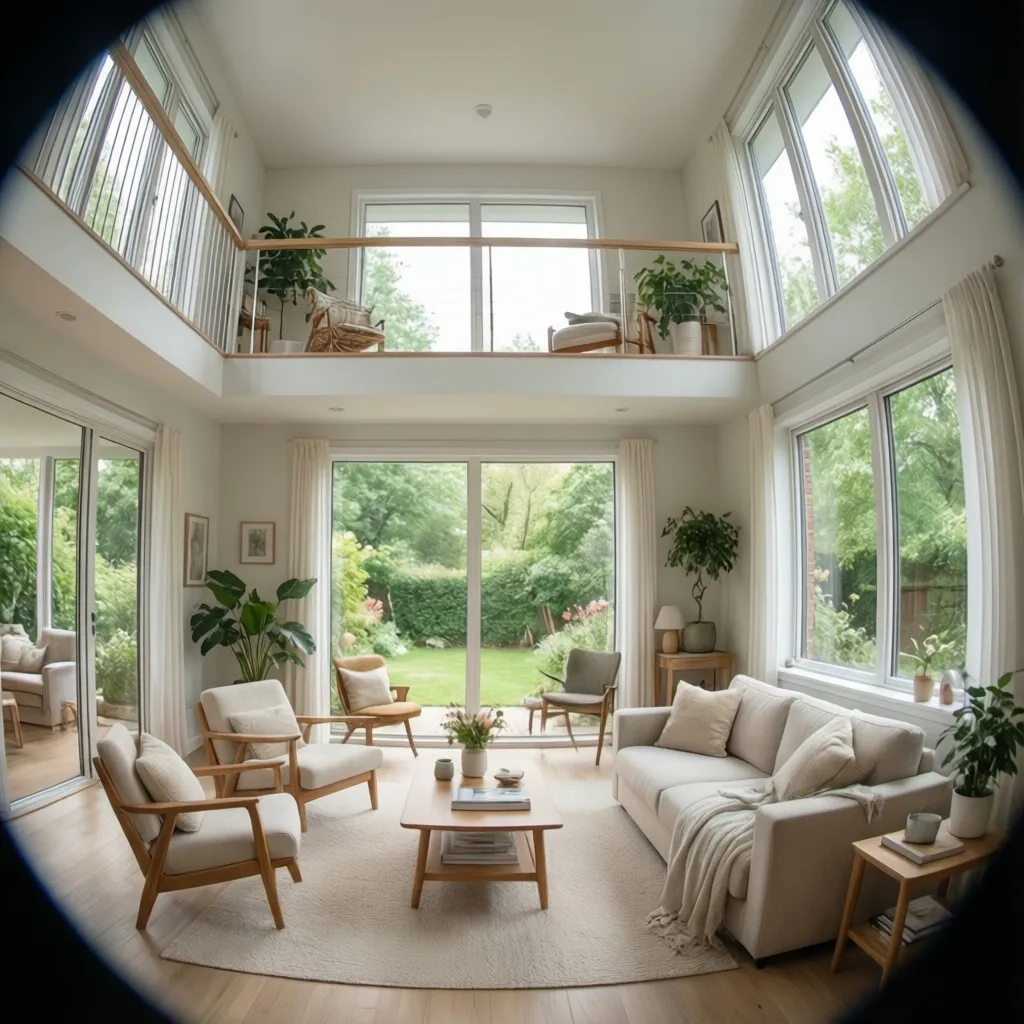 Interior luminoso de casa pequeña de dos niveles