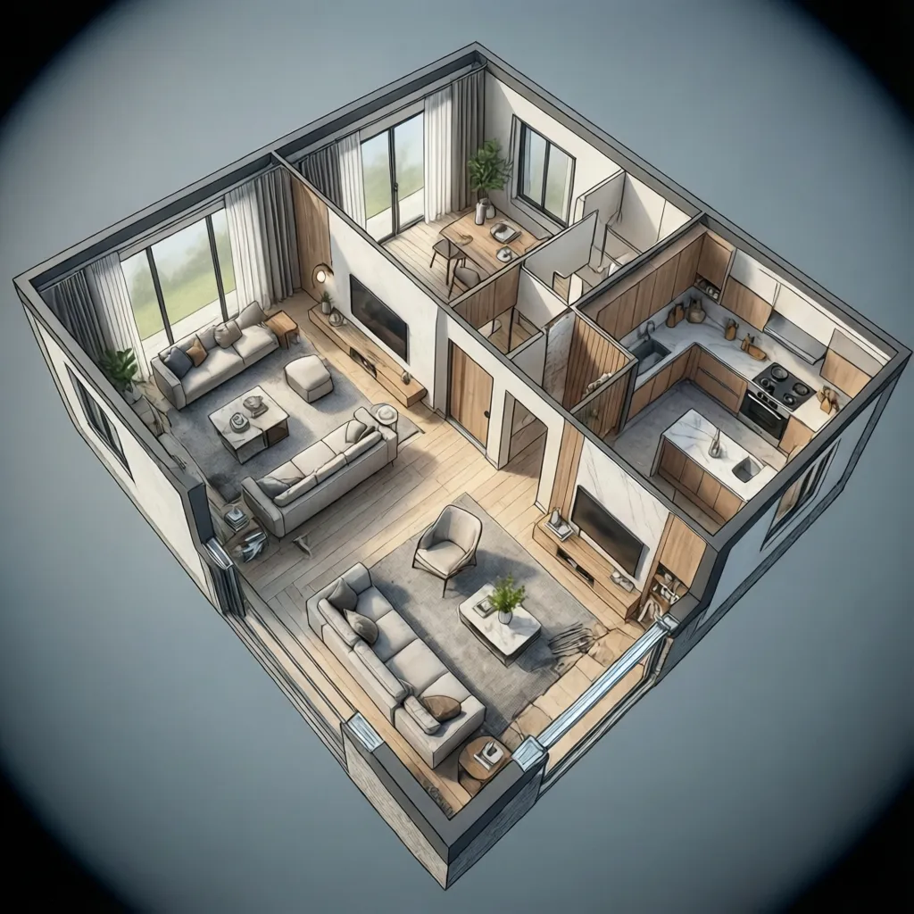 Plano interior de una casa pequeña de dos plantas con distribución abierta