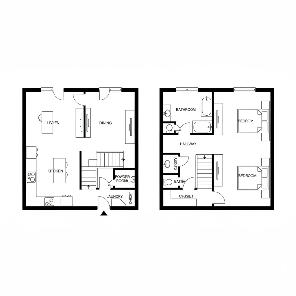 Plano arquitectónico de casa pequeña de dos pisos con distribución eficiente
