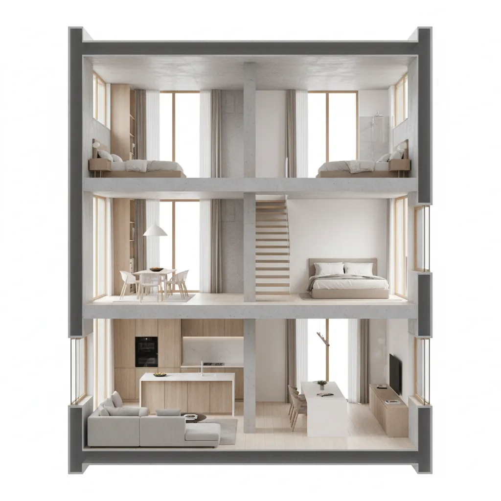 Sección arquitectónica de casa pequeña de dos pisos