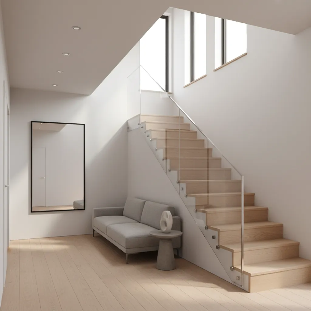 Coohom interior design drawing with wooden staircase glass railing grey sofa mirror and ceiling lights