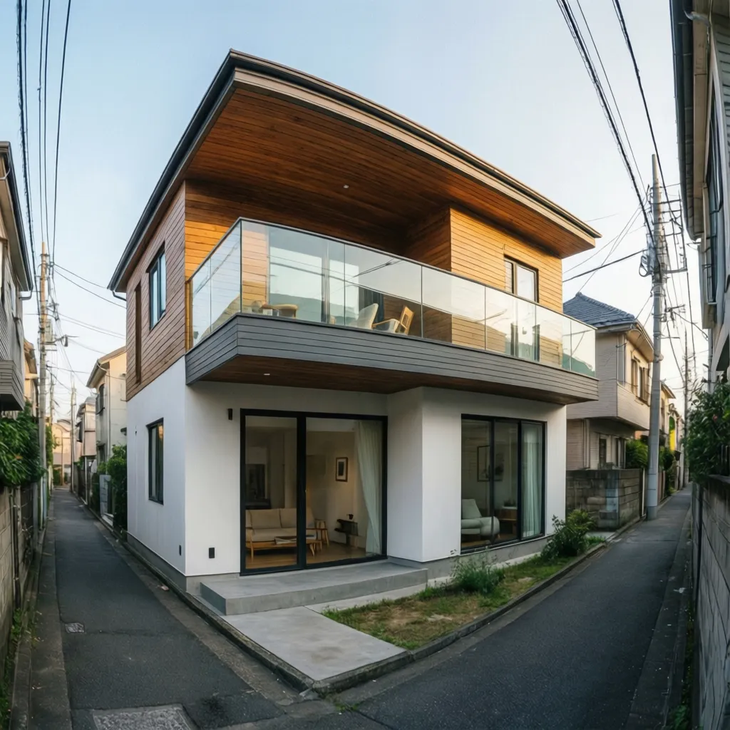 Casa moderna pequeña de dos plantas en terreno estrecho