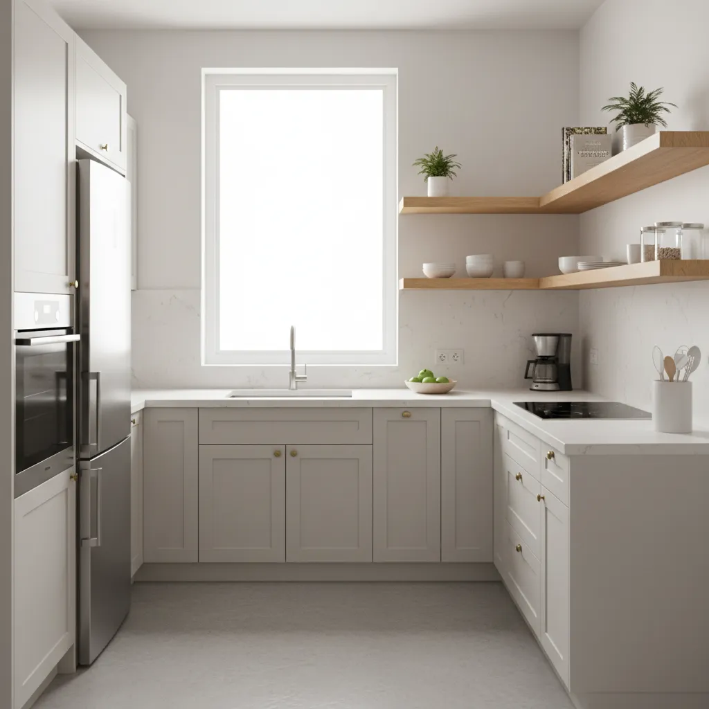compact small U shaped kitchen with open shelving and bright lighting