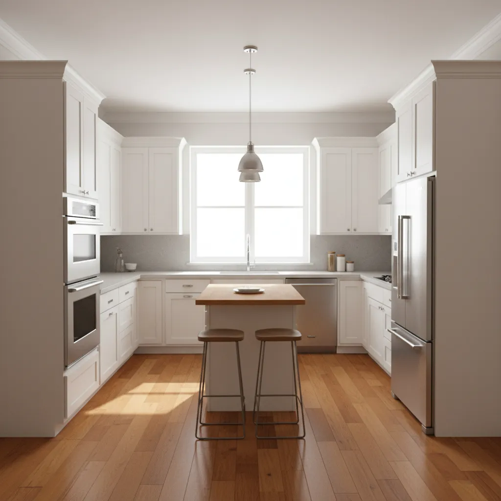 compact U shaped kitchen layout with small central island