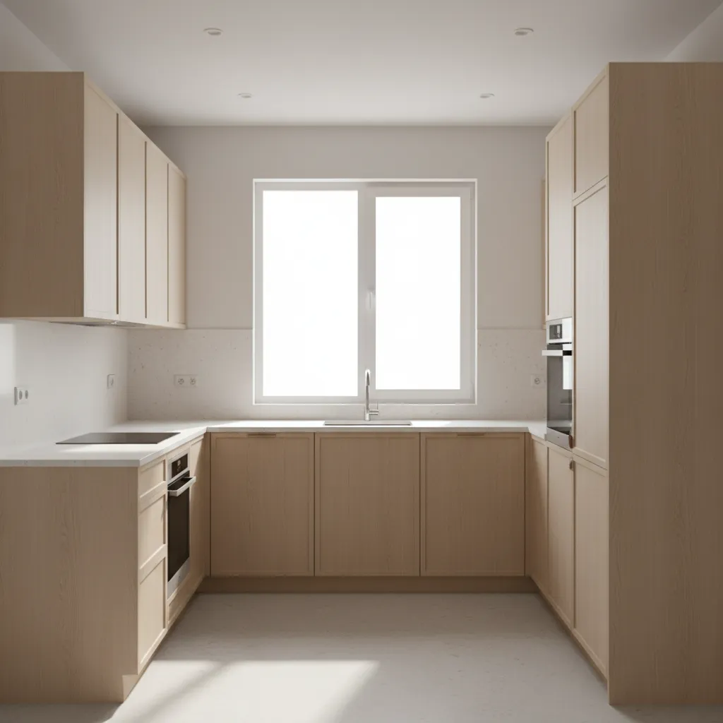 small U shaped kitchen with tall pantry cabinet
