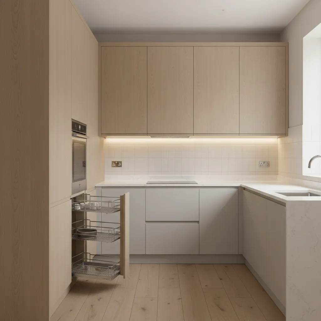 small U shaped kitchen with tall pantry cabinets and smart corner storage