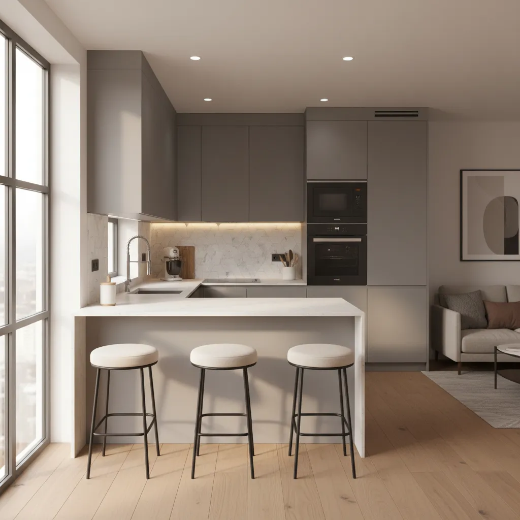 Small U shaped kitchen with peninsula seating and modern cabinets