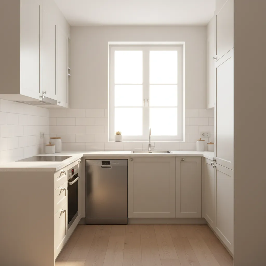 Compact U shaped kitchen with window bringing natural light into small space