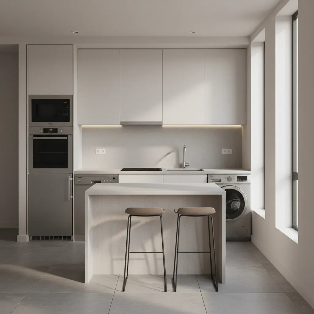 Small urban kitchen layout showing smart microwave placement in cabinetry