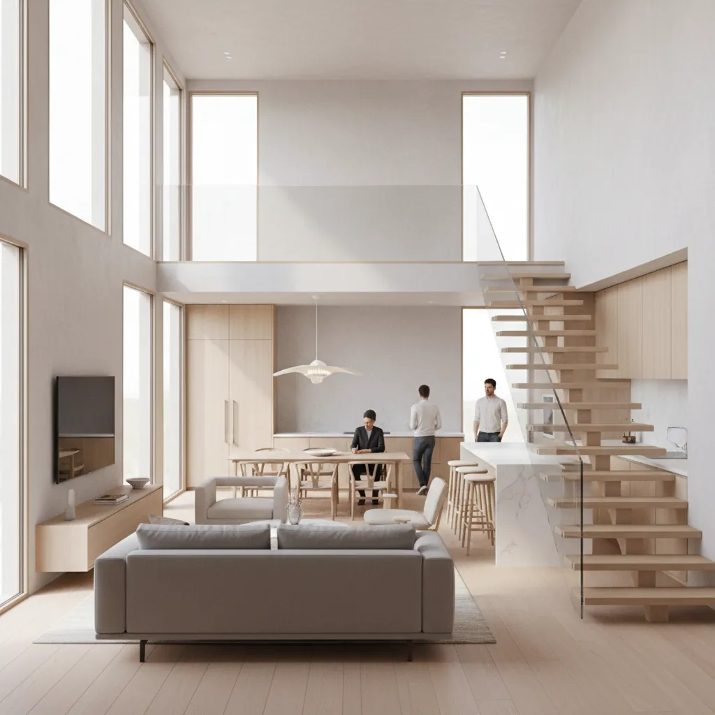 Open layout interior of a compact multi level home with staircase and living space