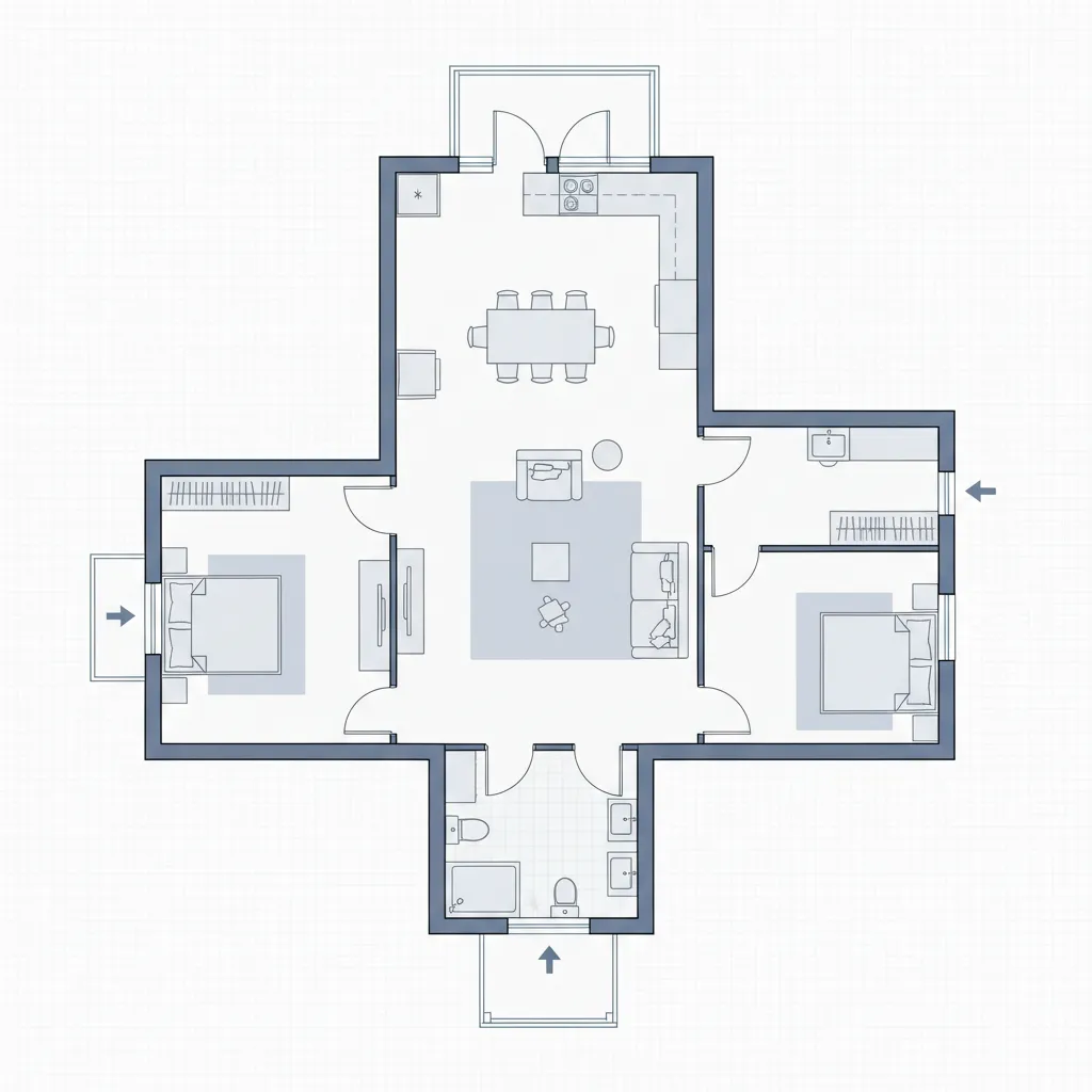 Simple house layout with living room, dining area, kitchen, two bedrooms, and a small bathroom