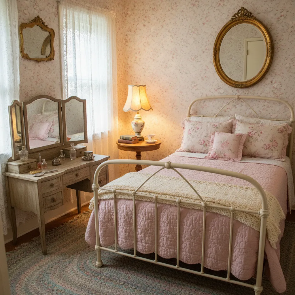 Small vintage bedroom featuring floral wallpaper pink bedding metal frame bed vanity and gold mirror