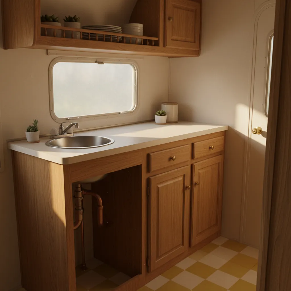 Compact vintage RV kitchen showing sink plumbing and narrow counter layout