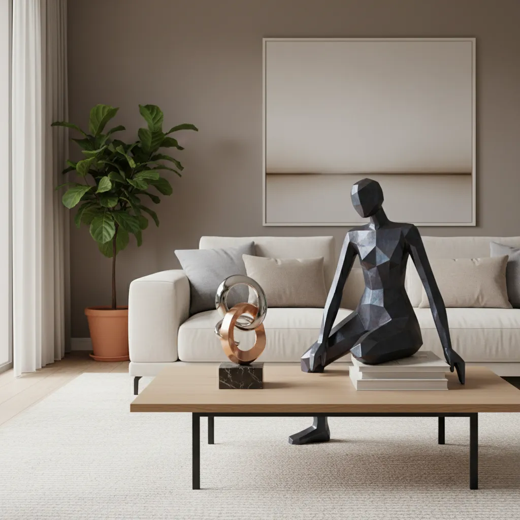 comparison of small sculpture and large statue on coffee table