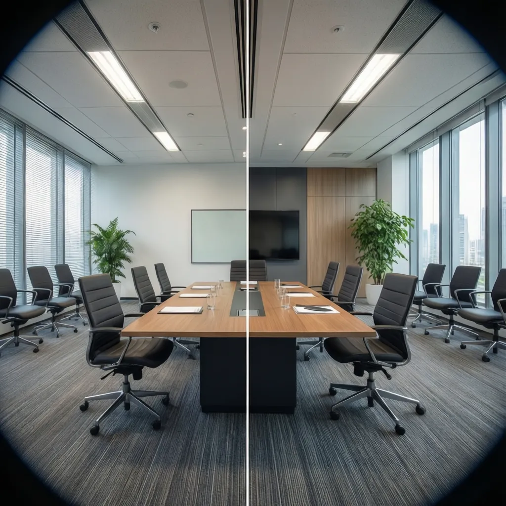 Comparison of small meeting room and large boardroom in modern office design