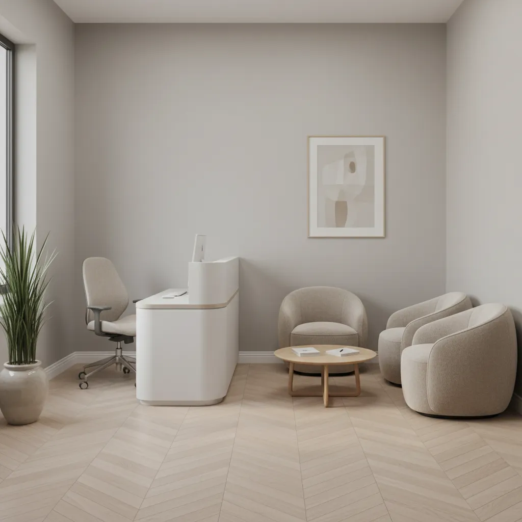 Small waiting room designed with light neutral colors to feel larger