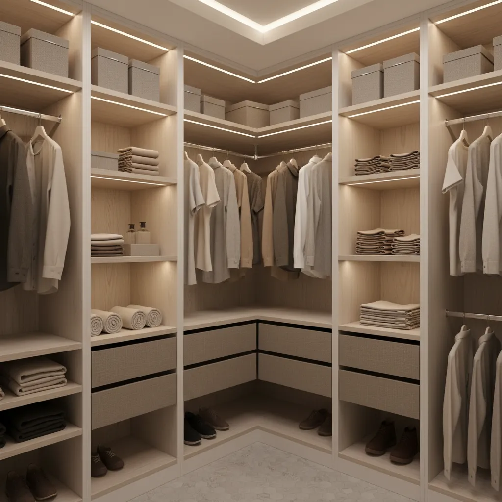 Small walk in closet integrated inside a master bathroom corner layout