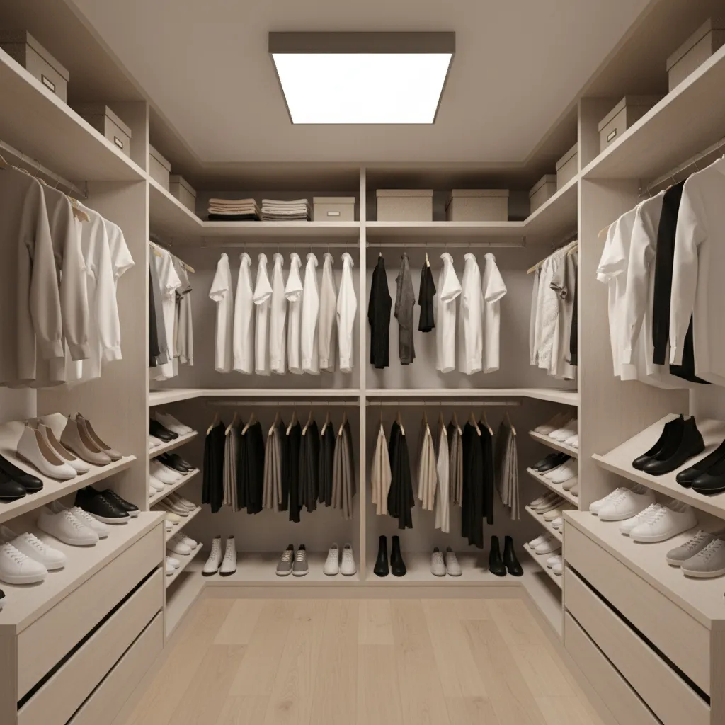 U shaped walk in closet layout for small room with shelves and hanging space