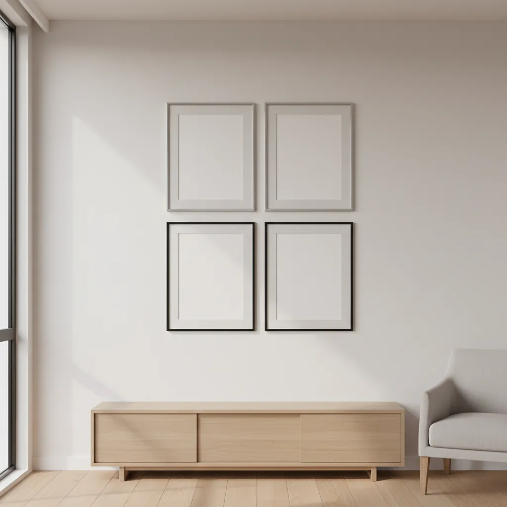 Compact apartment wall decorated with a small empty frame gallery layout