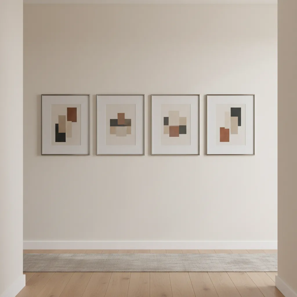 four picture frames arranged on a narrow hallway wall with tight spacing