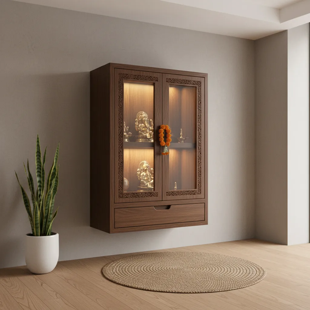 Compact wall mounted pooja cupboard design with wooden doors and LED lighting