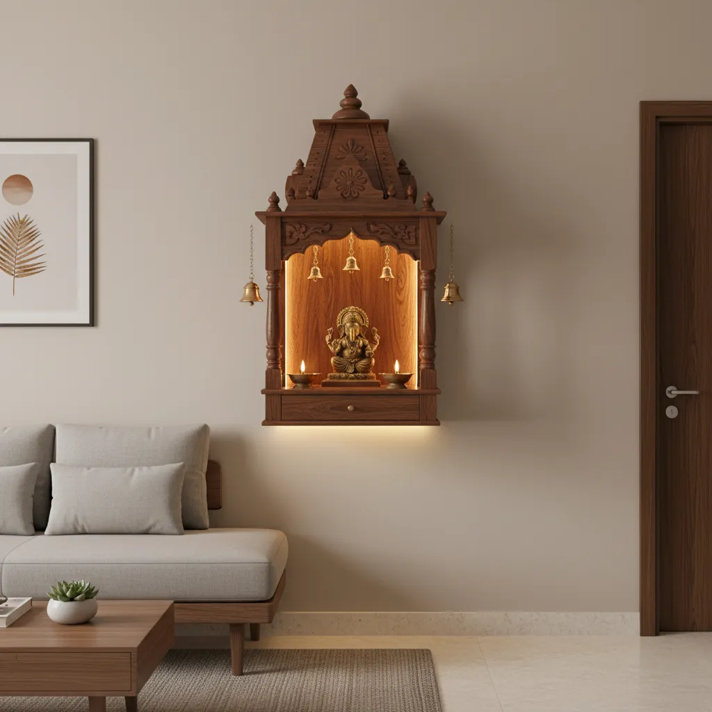 wall mounted wooden pooja gopuram shrine in a compact apartment