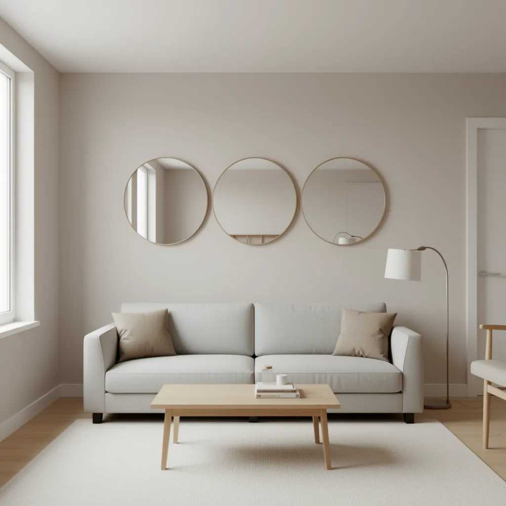 round mirrors arranged on a small apartment wall above a sofa