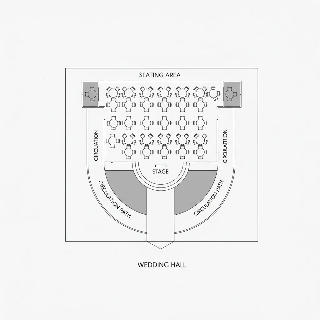 Wedding hall floor plan showing seating zones and circulation paths