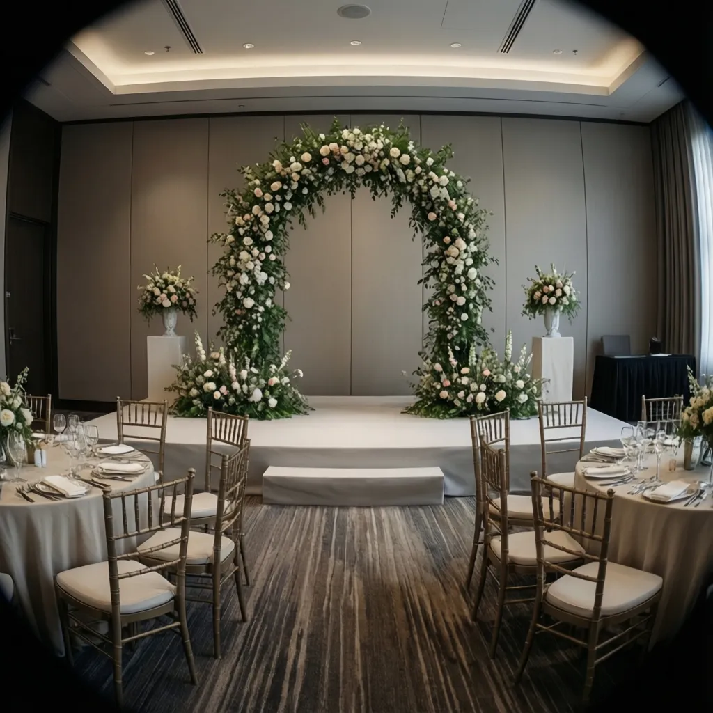 small wedding ceremony backdrop with simple floral arch and chairs