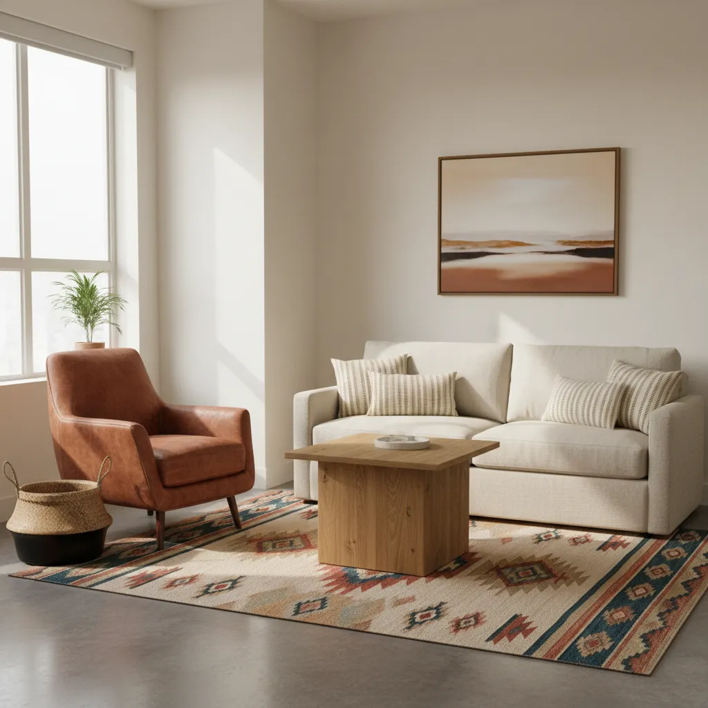 Compact apartment living room decorated with subtle Western decor elements and neutral colors