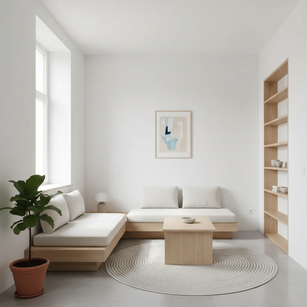 White apartment interior featuring wooden sofa coffee table round rug bookshelf and green potted plant