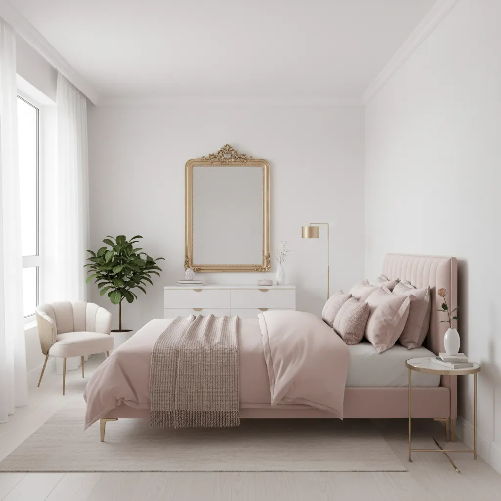 How to Make a Small White Gold and Pink Bedroom Look Bigger