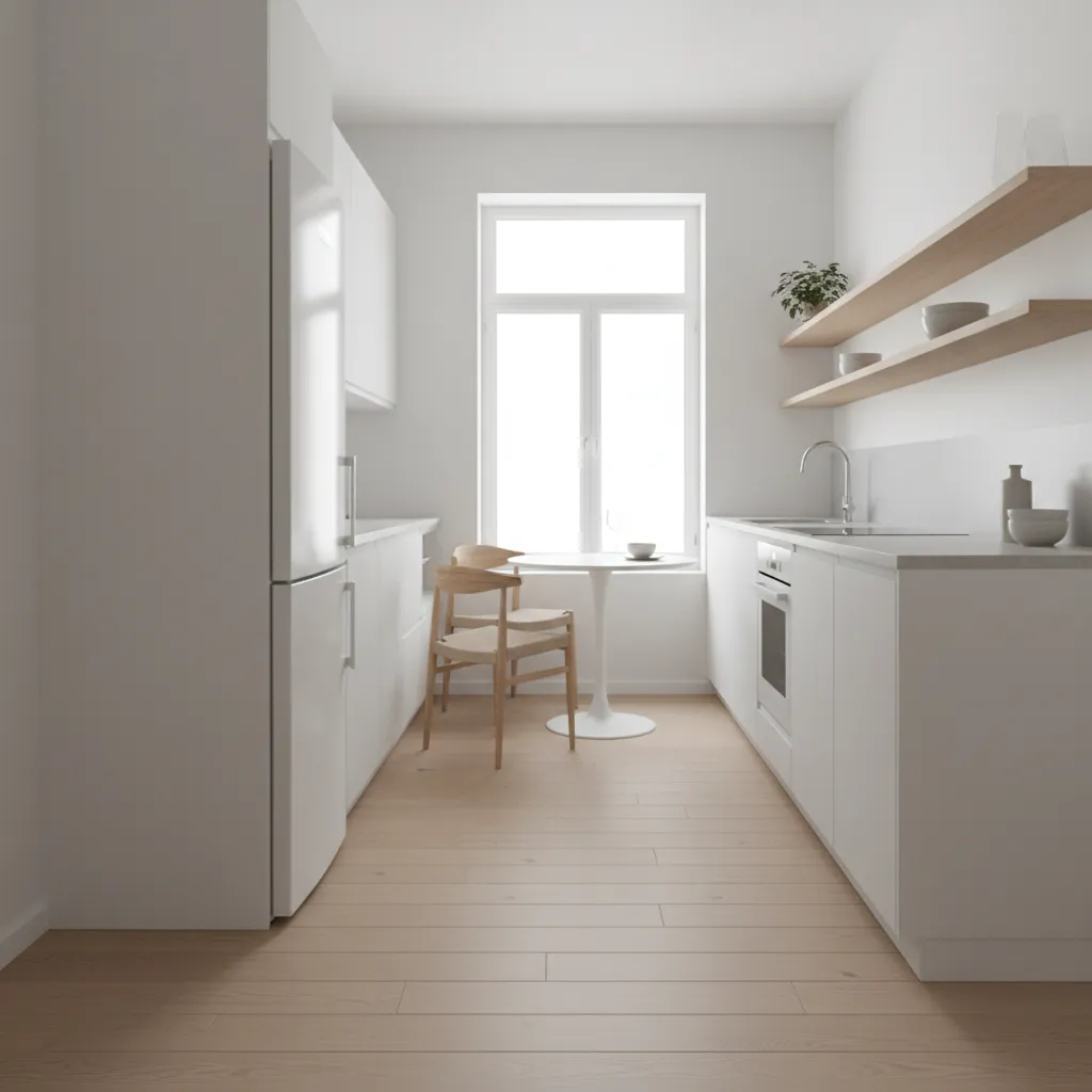 Compact white kitchen with light natural wood flooring making space feel larger