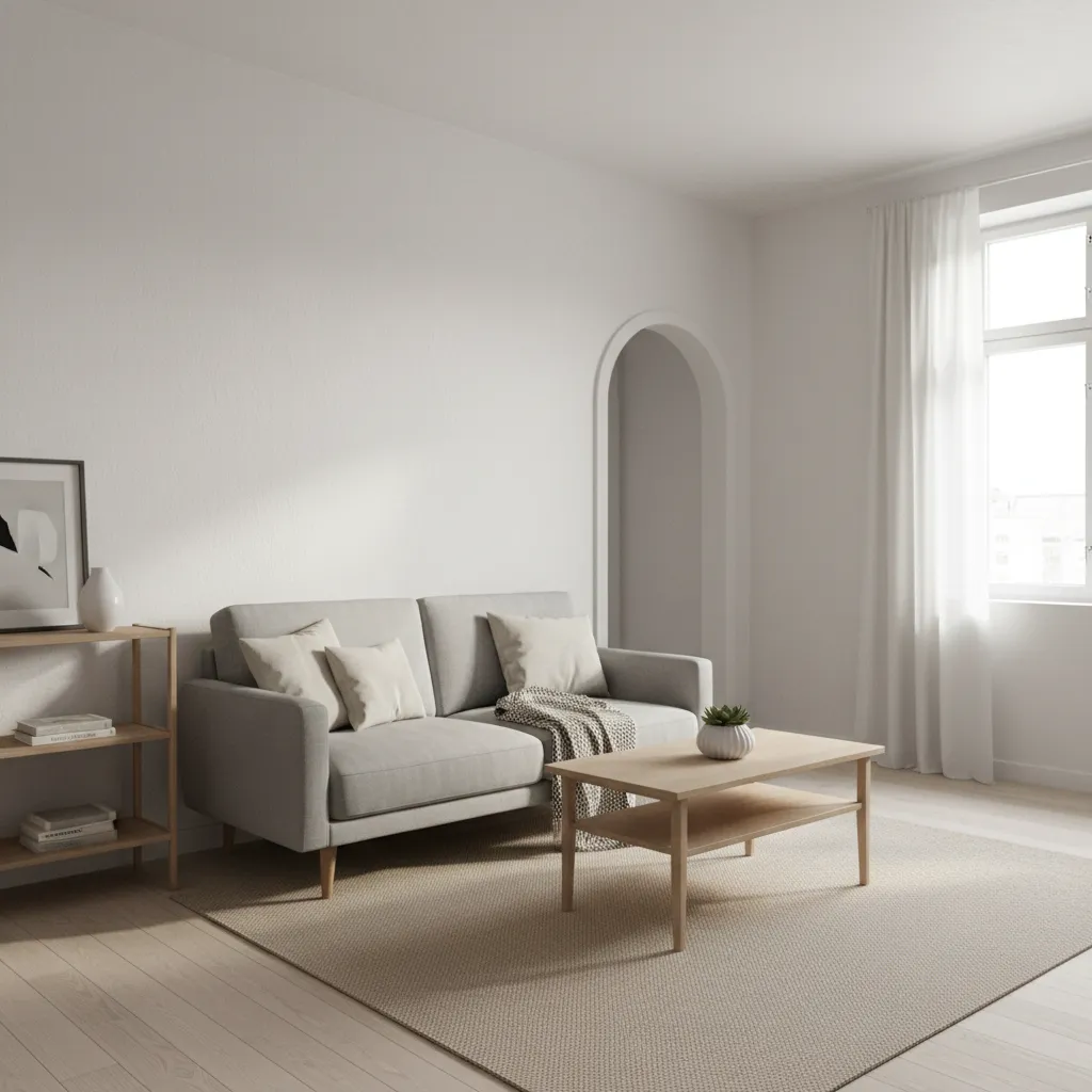Small whitewashed living room layout with open furniture arrangement