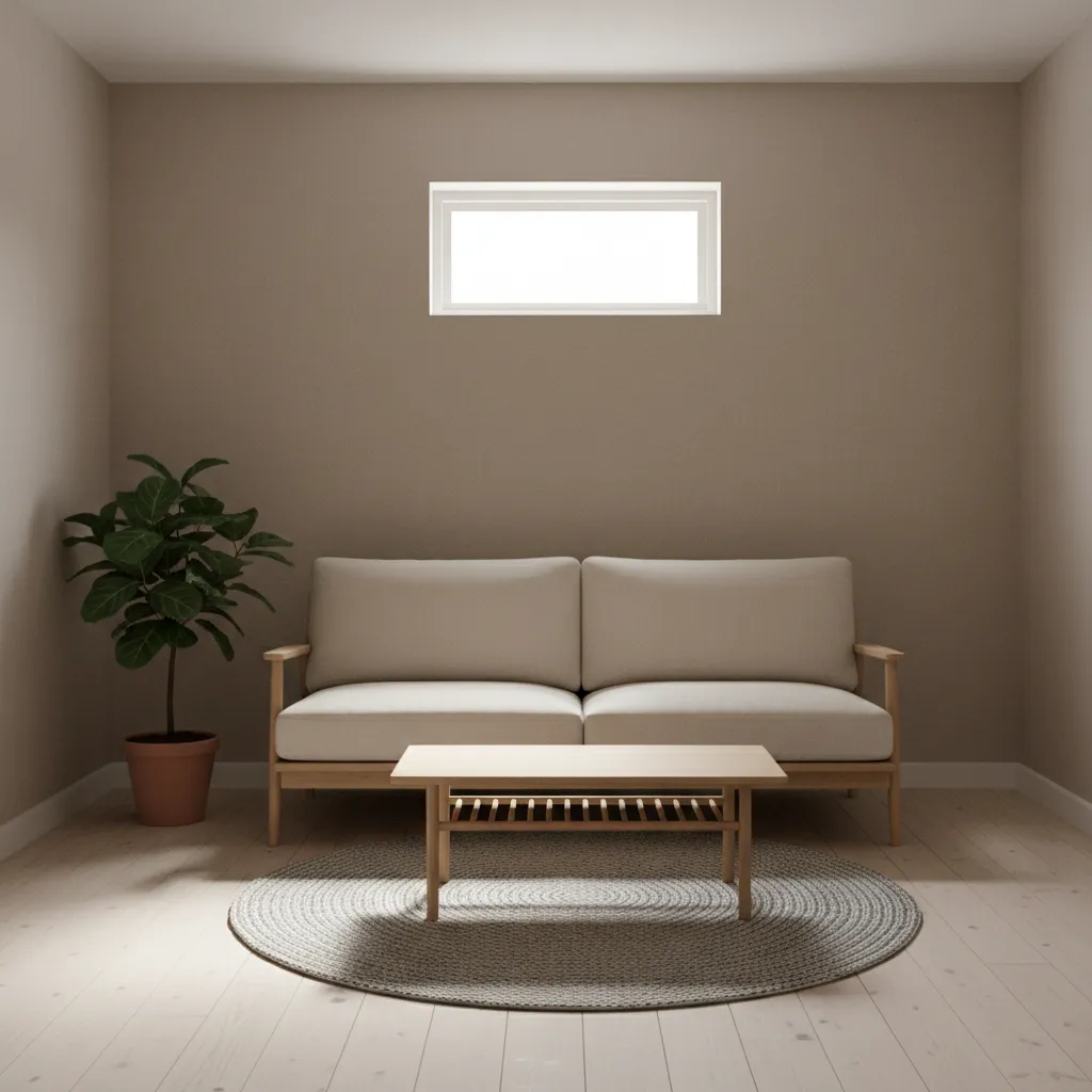 Living room with a small window allowing natural light into a minimal modern interior