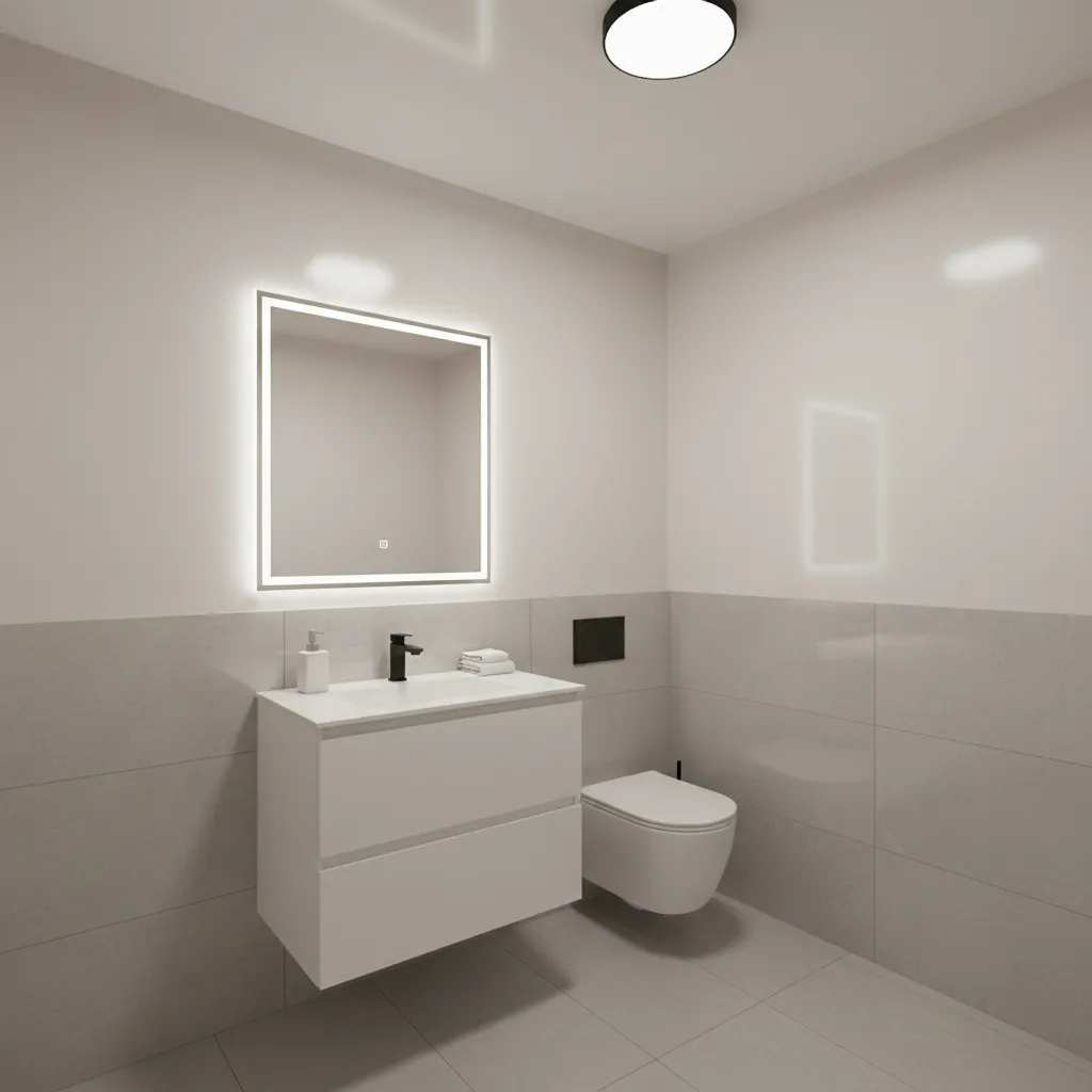 Small windowless bathroom with bright neutral paint and balanced lighting