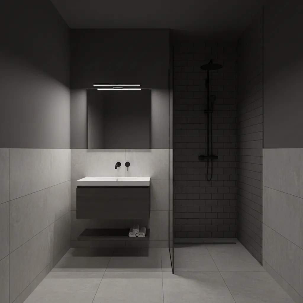 Small windowless bathroom with dark gray paint appearing cramped under artificial lighting