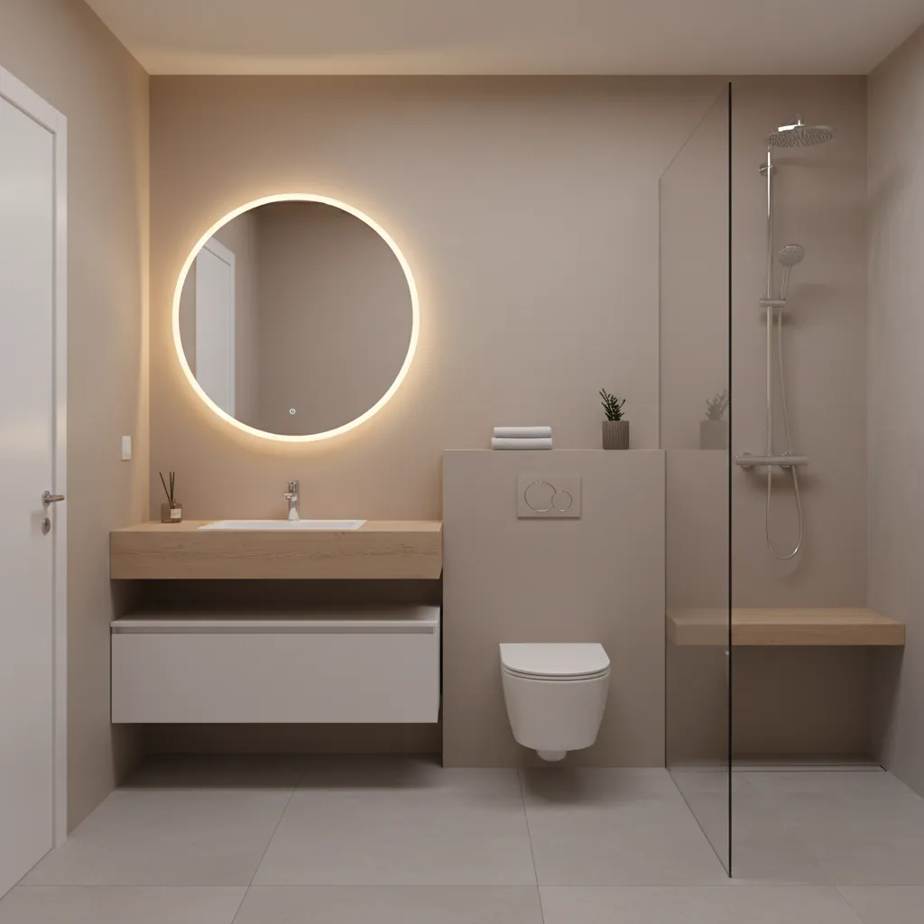 small bathroom with no windows painted in soft reflective neutral color
