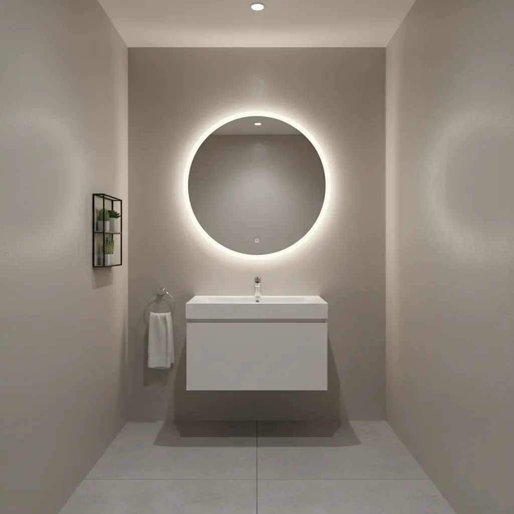 small windowless bathroom with vanity lighting showing paint reflection on walls