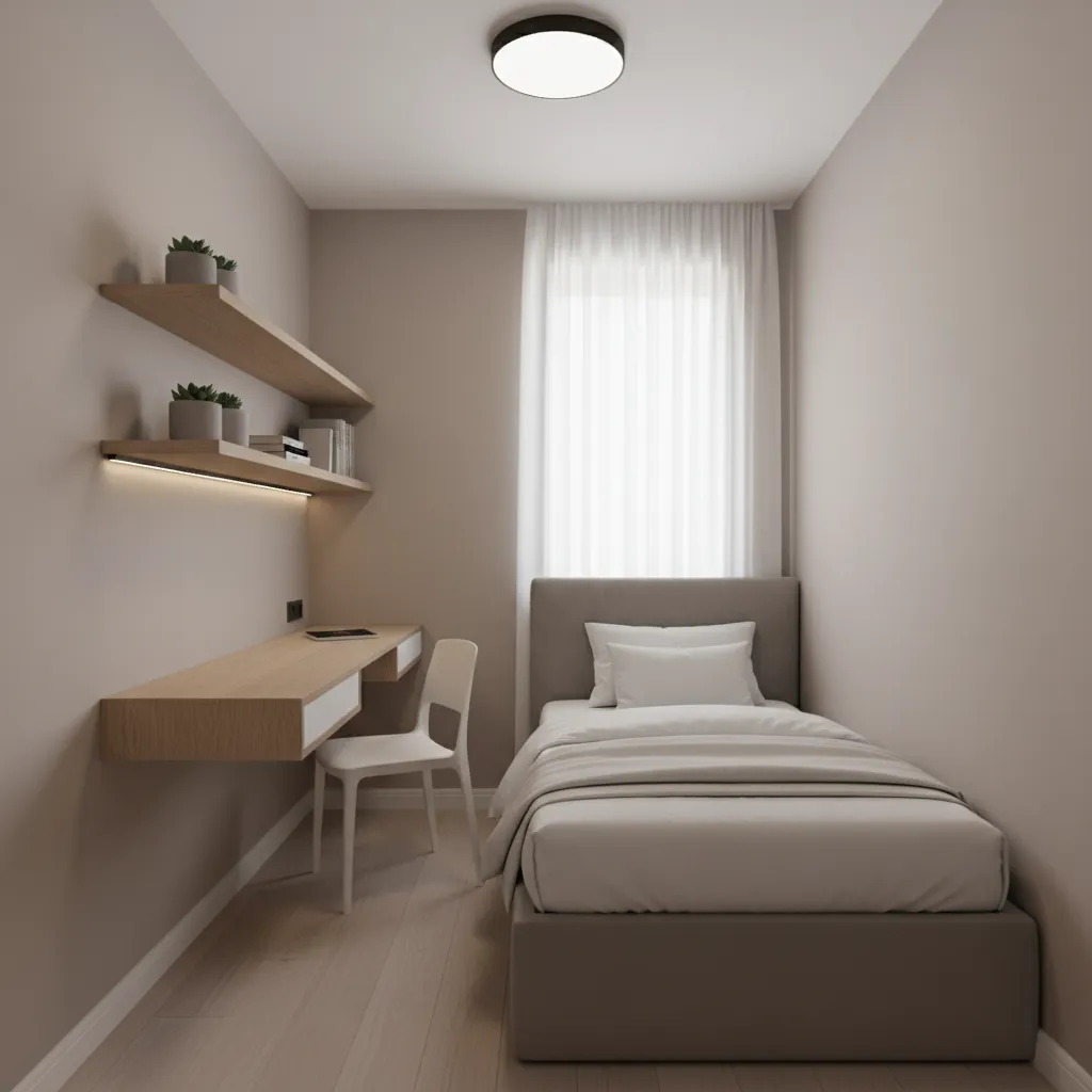 Small 6x9 windowless bedroom layout with compact furniture