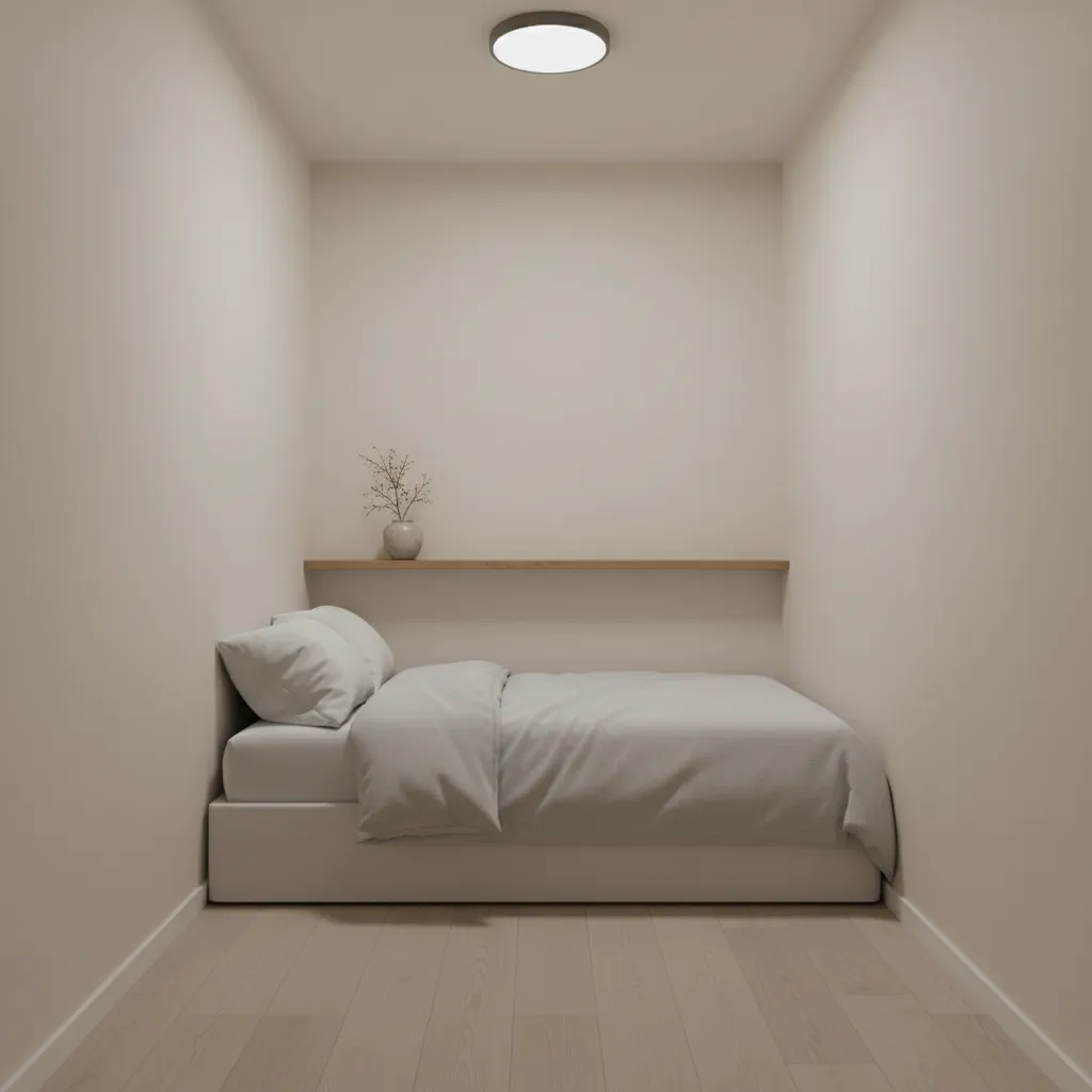 Compact 6x9 windowless room interior with minimal furniture and soft lighting
