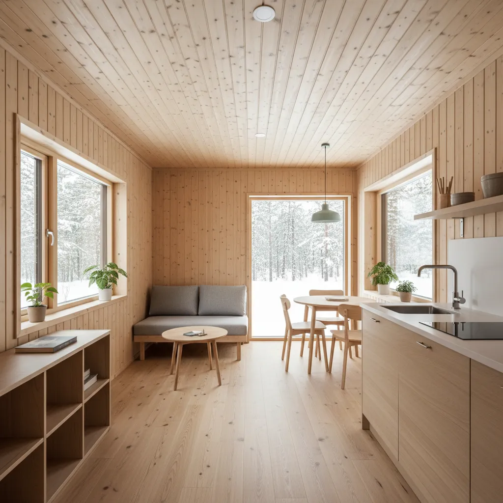 Interior de casa pequeña de madera con salón y cocina abiertos