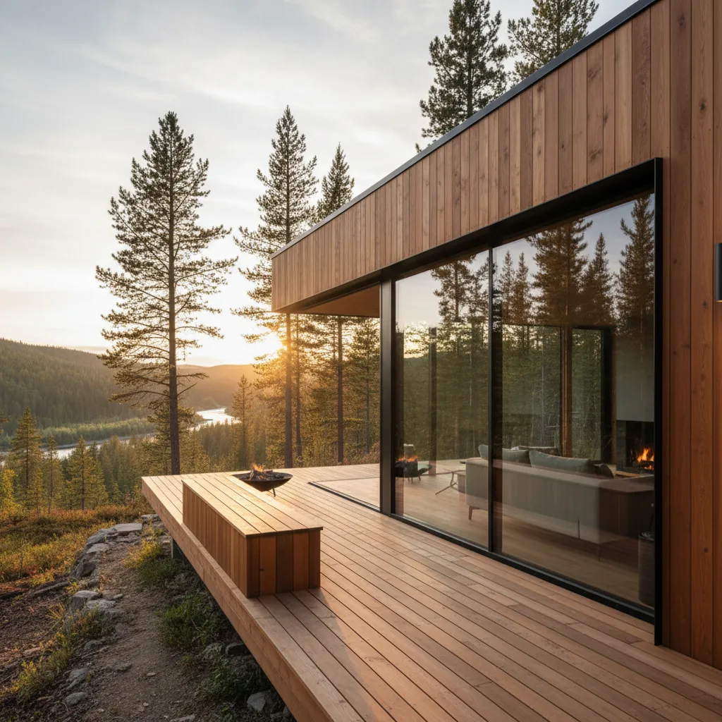 Casa pequeña de madera con grandes ventanales hacia el paisaje