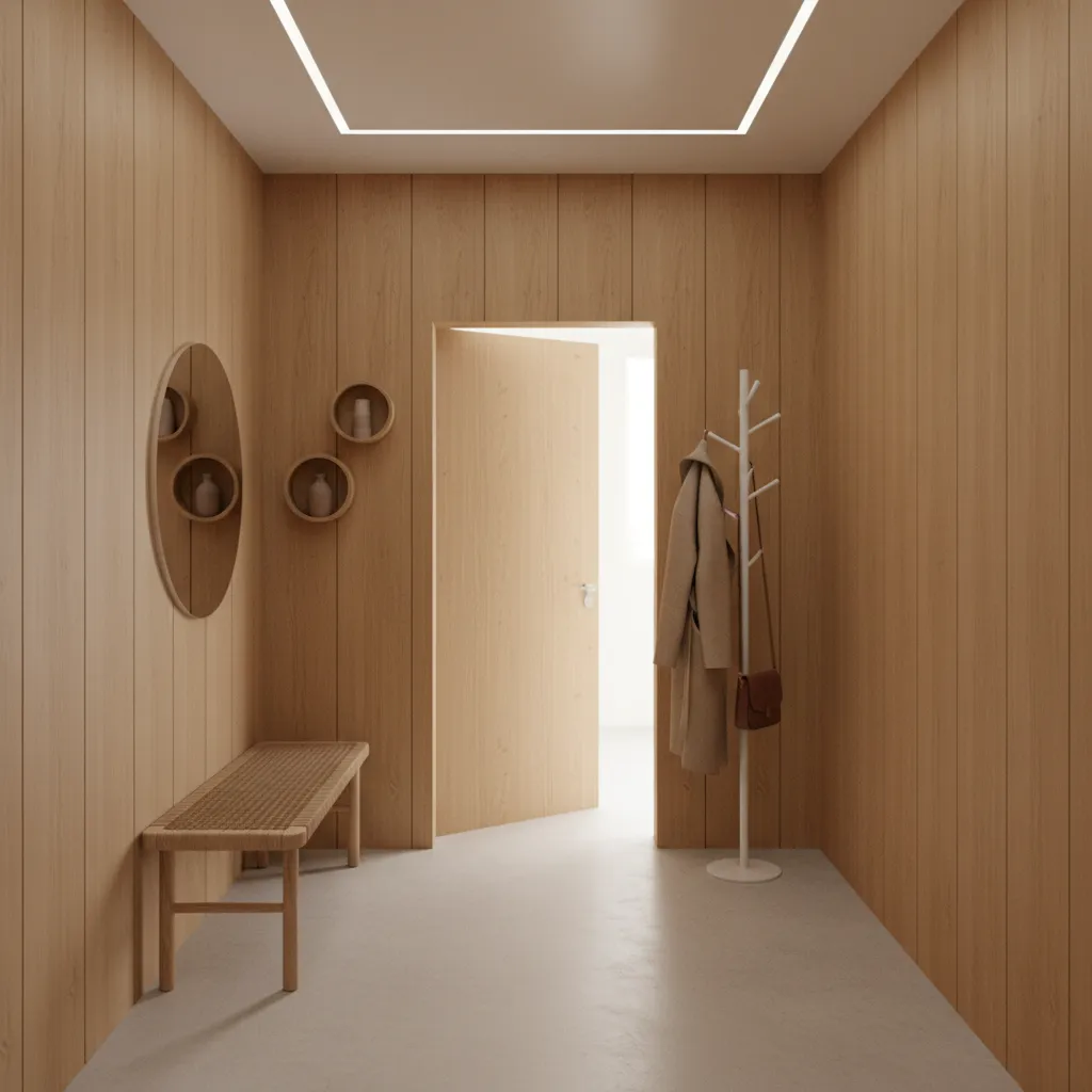 small apartment hallway with warm wooden walls and minimal decor