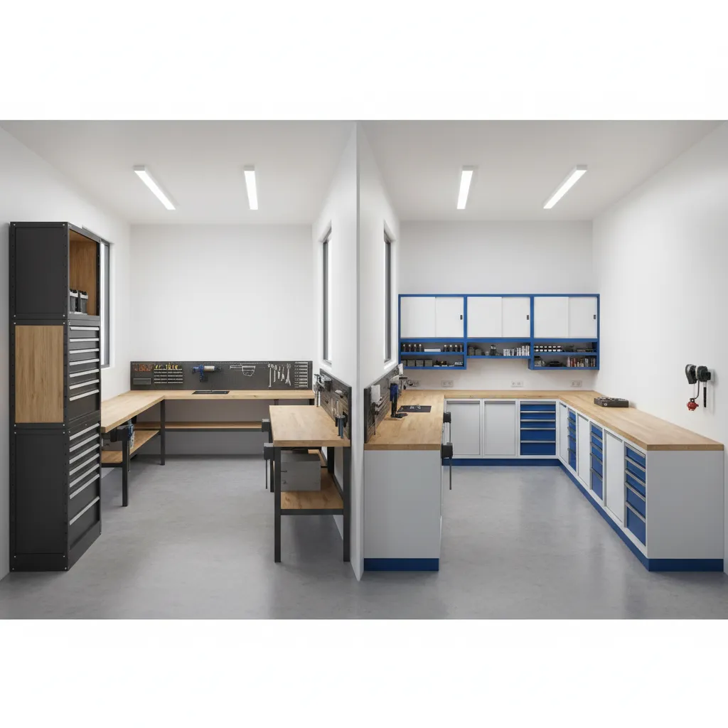 diagram style comparison of vertical and horizontal tool cabinet layouts in a small workshop