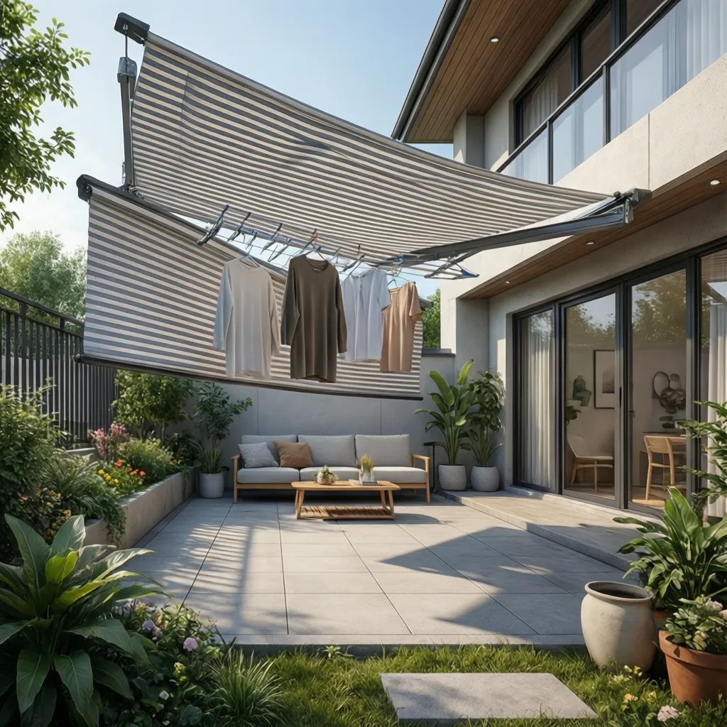 Retractable clothesline installed along a compact patio wall