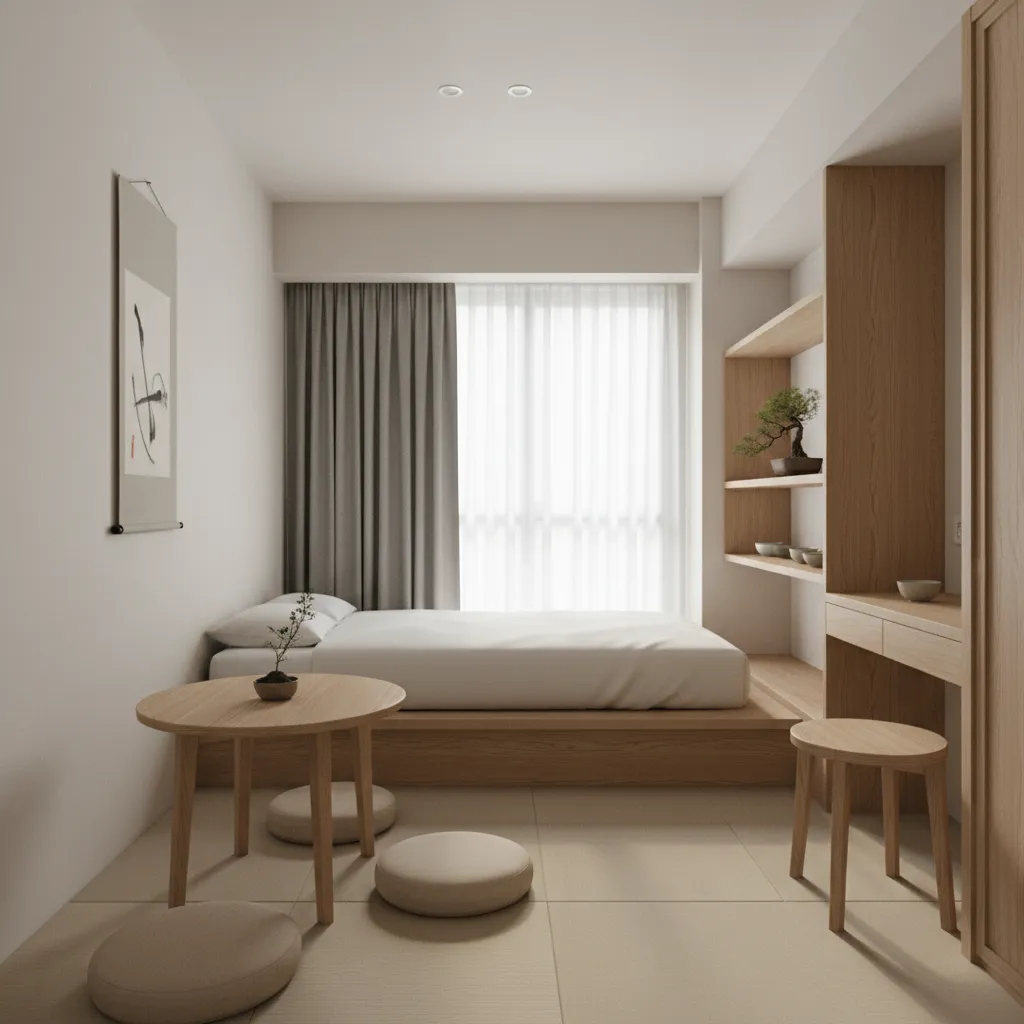 Small zen bedroom with platform bed wooden table floor cushions and light wood wall shelving