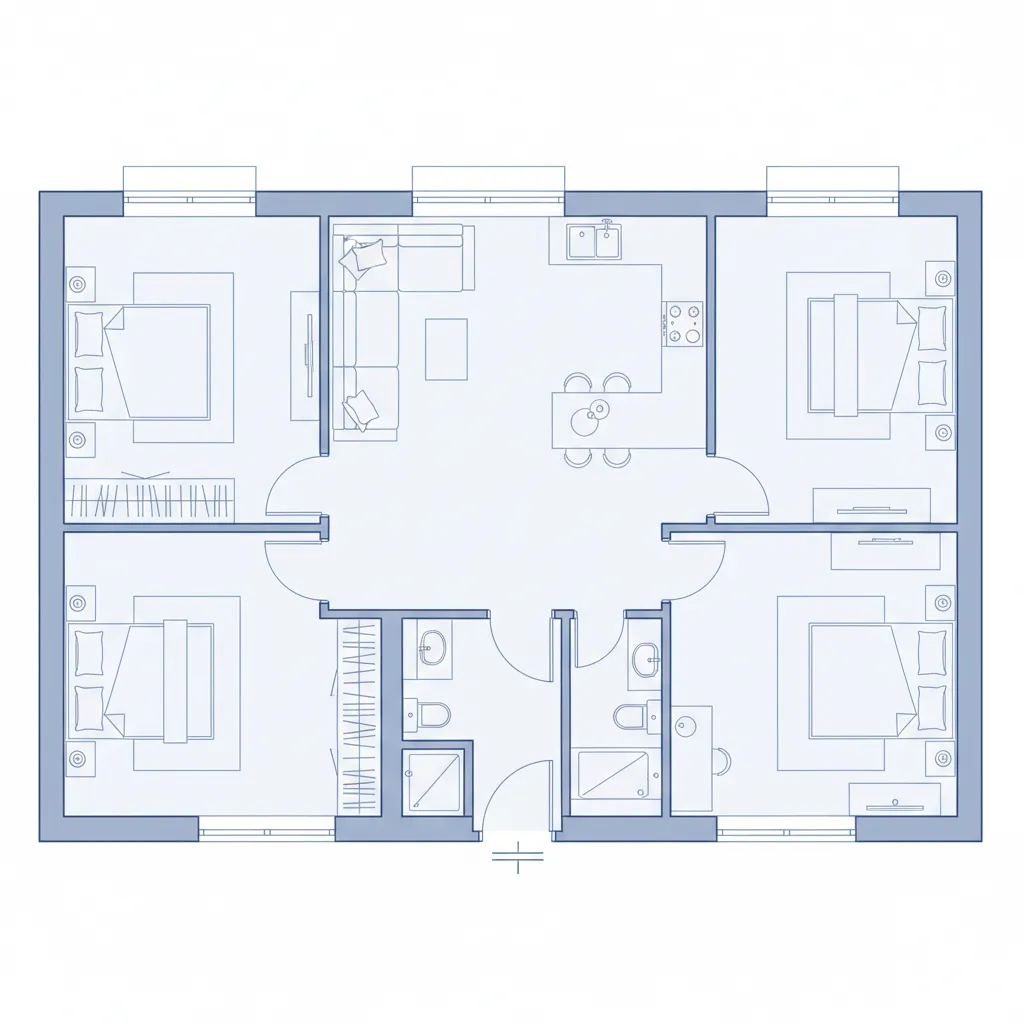 Plano optimizado de casa de 70 metros cuadrados con dos dormitorios