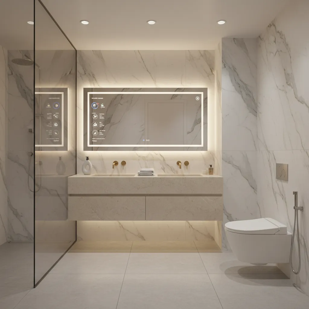 Luxury bathroom with smart toilet digital mirror and sensor faucet