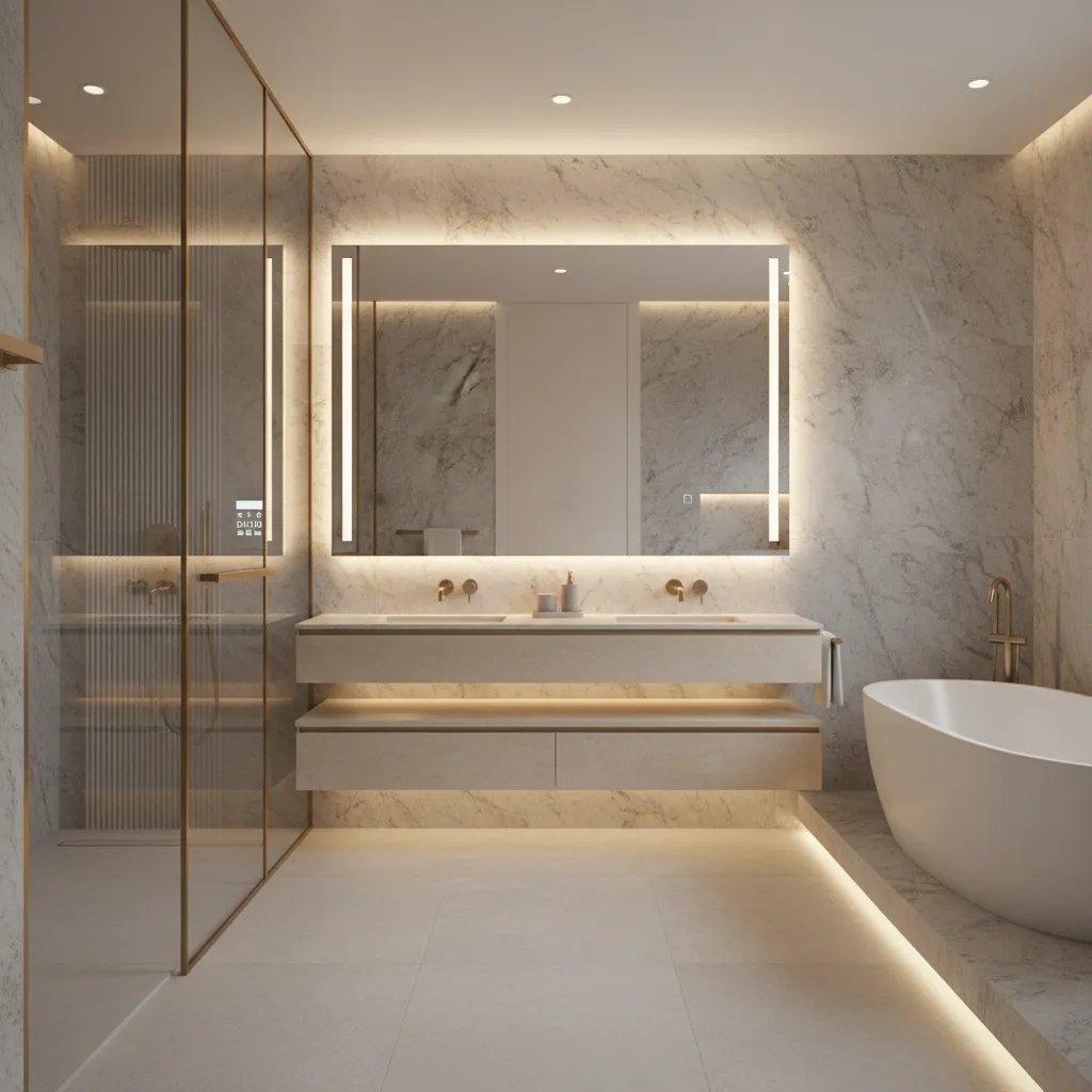 High-end bathroom with hidden smart technology and integrated lighting